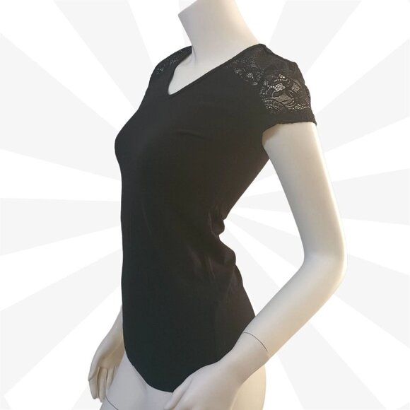 Ambiance Black Lace Cap Sleeves V Neck Cut Out Back Pullover Knit Top Size S - Picture 7 of 8